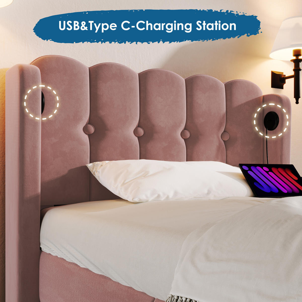 POLSTERBETT 90/200 cm Rosa aus Samt mit USB Typ-C Ladefunktion - Rosa, Textil (90/200cm) - OKMYHOME
