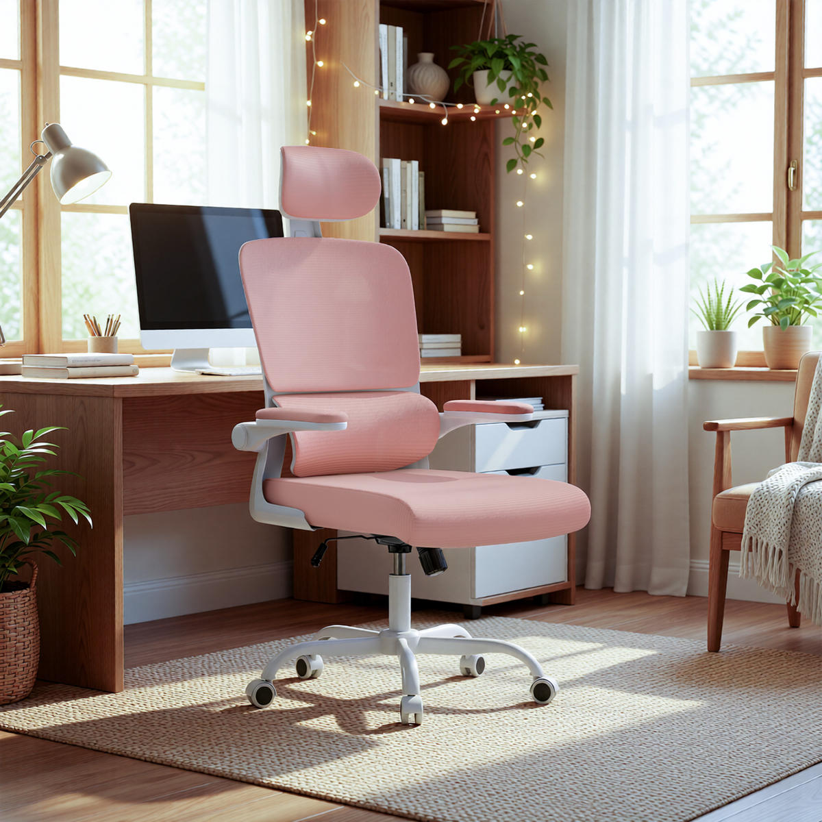 BÜROSTUHL Weiß-Pink ergonomisch mit klappbaren Armlehnen - Pink, Metall (25/52.5/65cm) - Rattrix