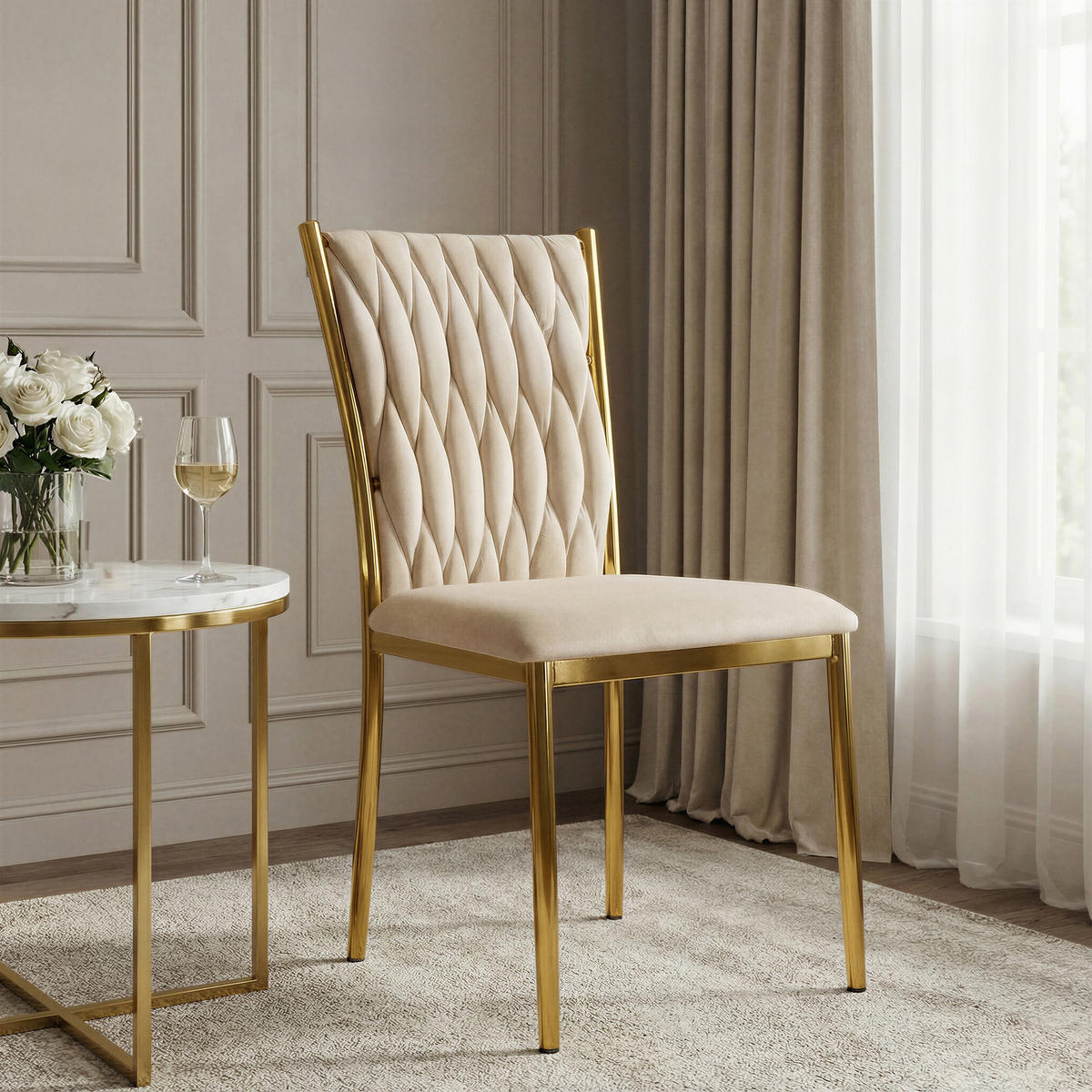 STUHL PRIMO mit geflochtener Rückenlehne, Samt Creme - Goldfarben/Creme, Textil/Metall (48/94/43cm) - Idohome