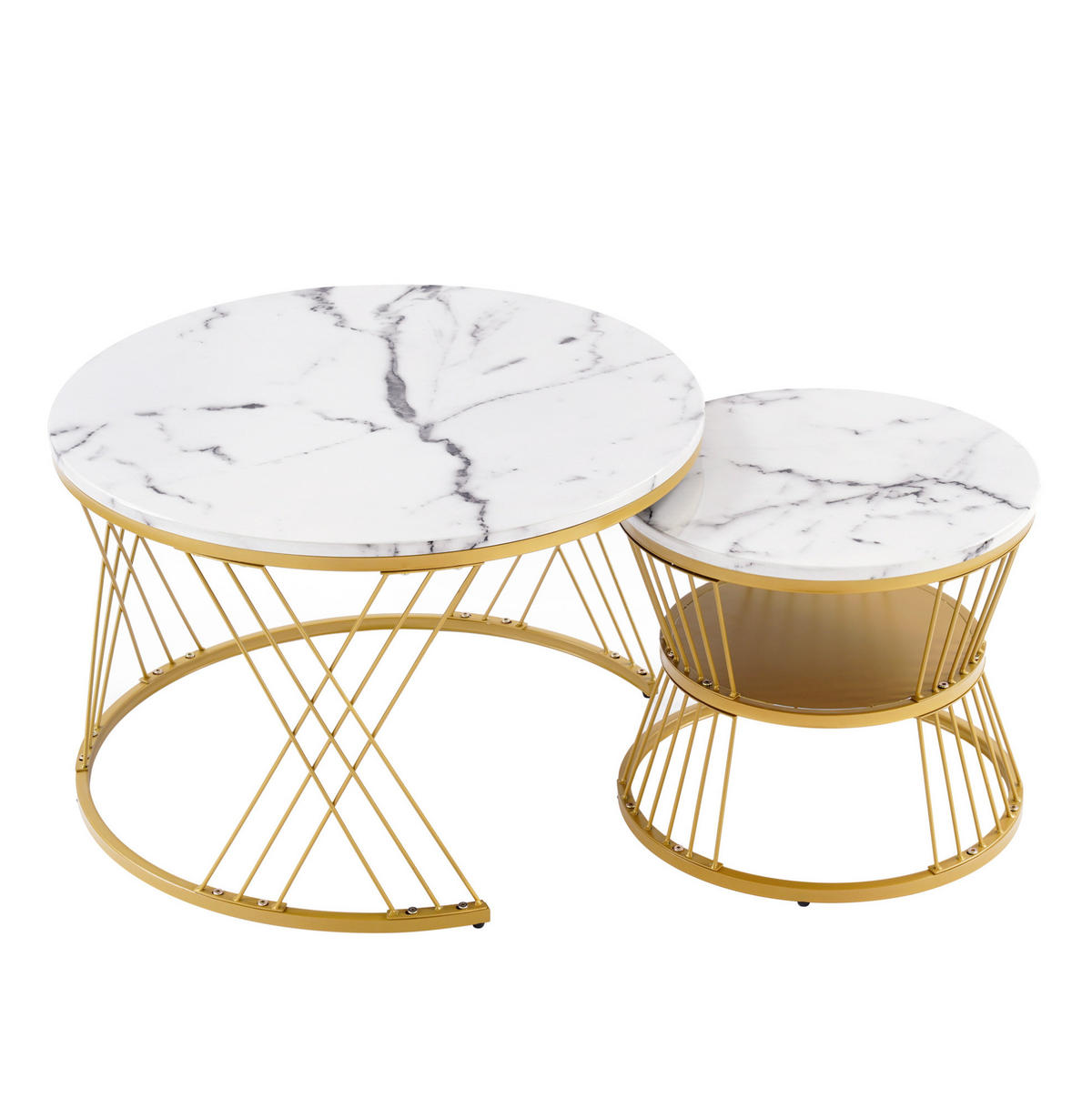 COUCHTISCH-SET 70/70/47 & 45/45/40 cm, rundes Nesting-Design mit Hochglanz-Marmormuster und Metallgestell, Weiß - Weiß, Holzwerkstoff (70/70/45cm) - Redom