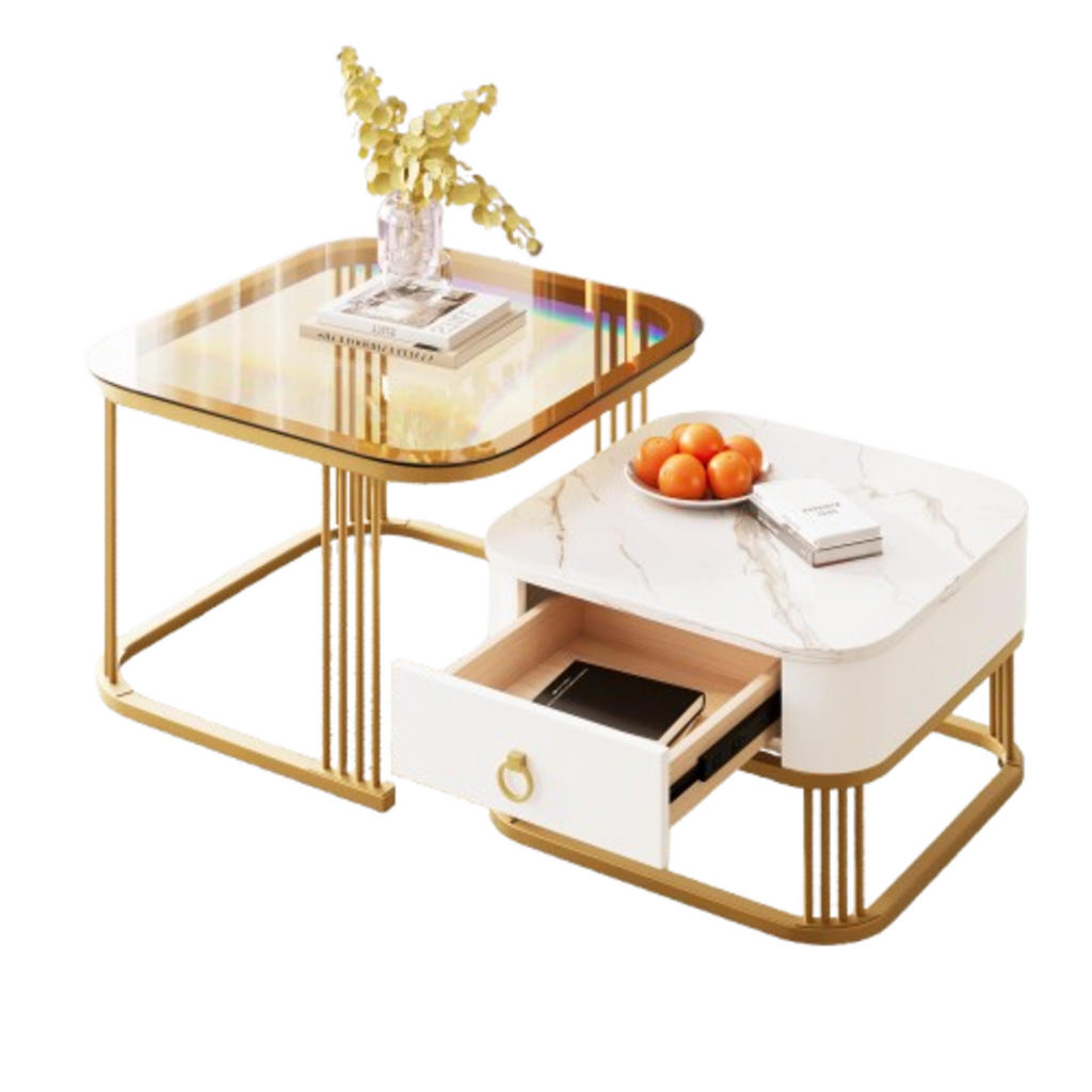 OKWISH KONFERENČNÍ stolek sada 60/60/44,5 cm bílá a zlatá z MDF s zásuvkou