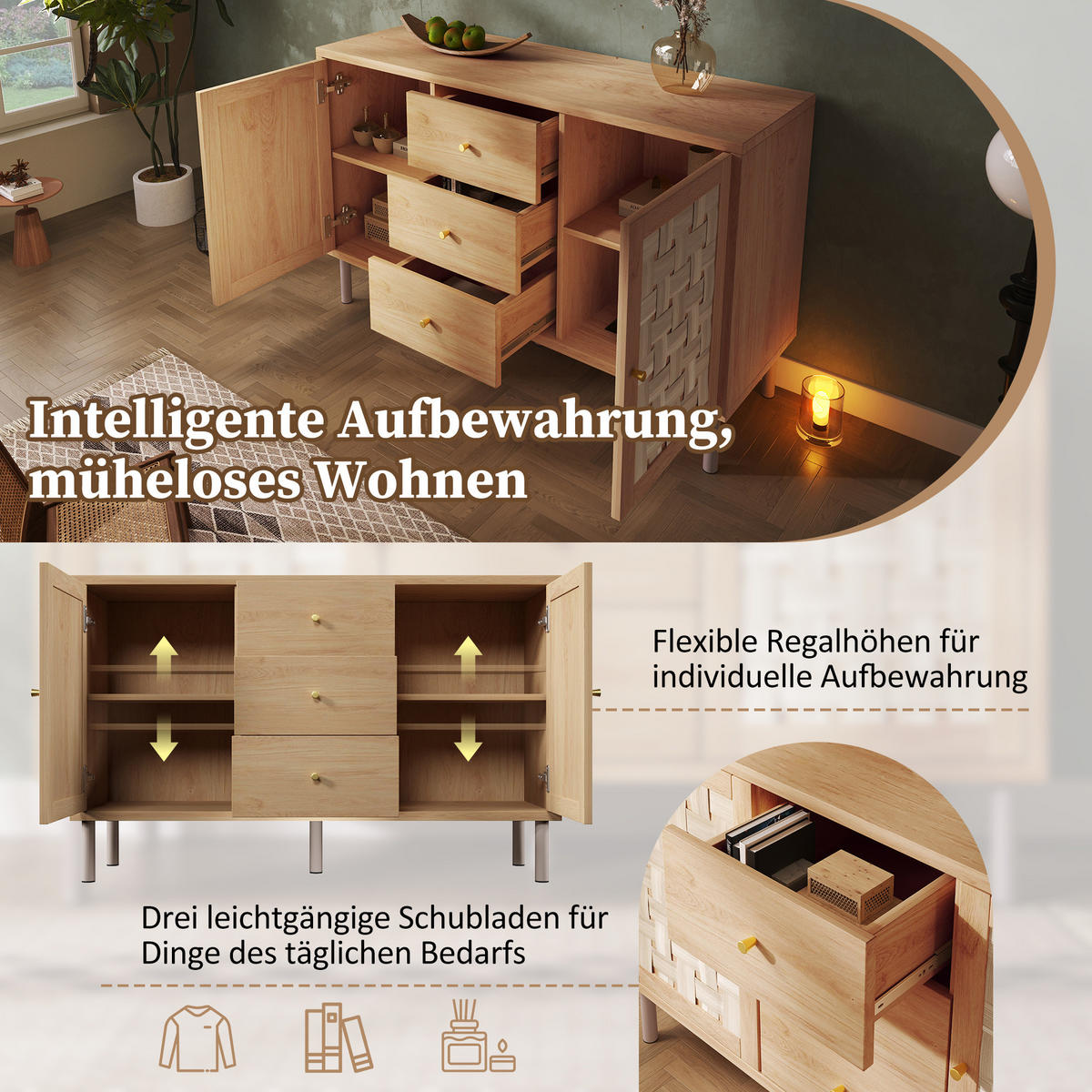 KOMMODE 120/75/40 cm Eichefarben aus Holz mit höhenverstellbaren Einlegeböden - Nussbaumfarben, Holzwerkstoff (40/70/120cm) - OKMYHOME