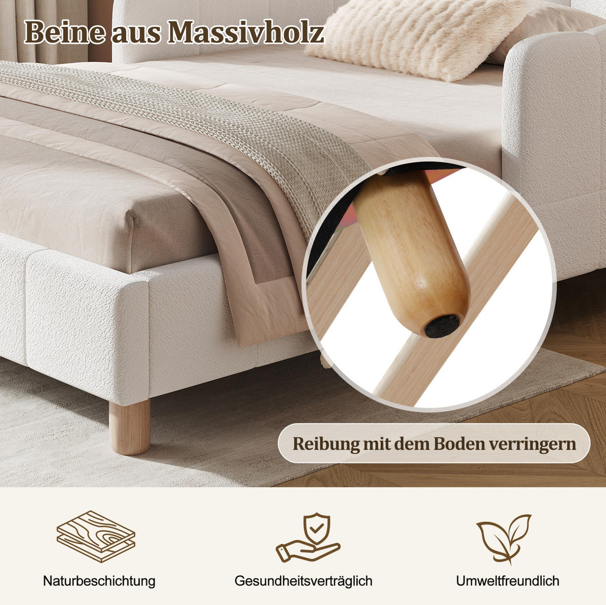 KINDERBETT Bouclé 90x200 cm Beige mit Lattenrost, gepolstertem Kopfteil, flexiblen Seitenlehnen und Taschen - Beige, Textil (90/200cm) - Modfu