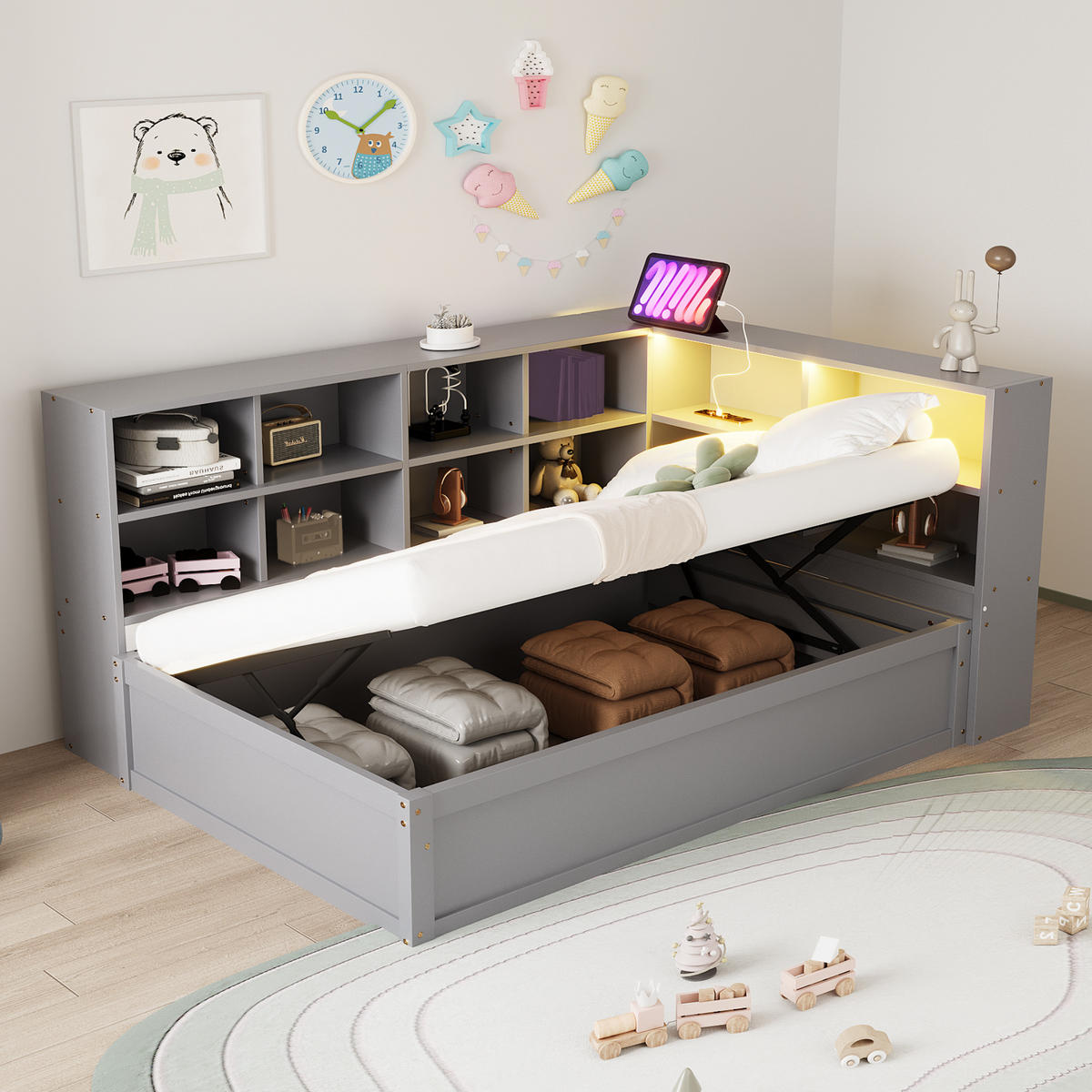 BETT mit hydraulischem Bett und LED-Beleuchtung Grau 90/200 cm - Grau, Holz (90/200cm) - OKWISH