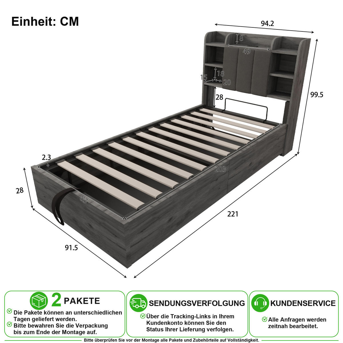 JUGENDBETT 90/200 cm in Grau mit Bettkasten, Regal und USB - Grau, Holzwerkstoff/Textil (90/200cm) - CHICFURN