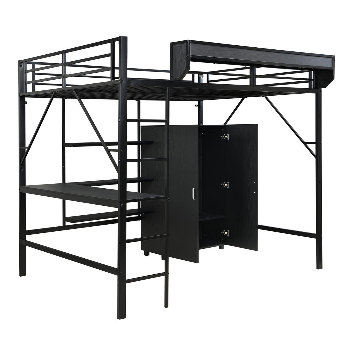 VYSOKÁ postel 140/200 cm černá s psacím stolem úložným prostorem a skříní z kovu a MDF - černá, kompozitní dřevo (140/200cm) - OKWISH
