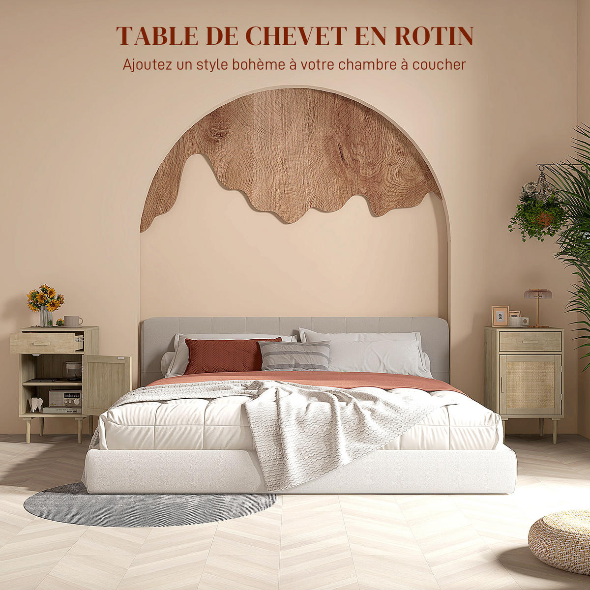 NACHTSCHRANK DE-12831 Schublade und Rattantür Natur - Naturfarben, Holzwerkstoff (40/68.5/40cm) - ComfortXL