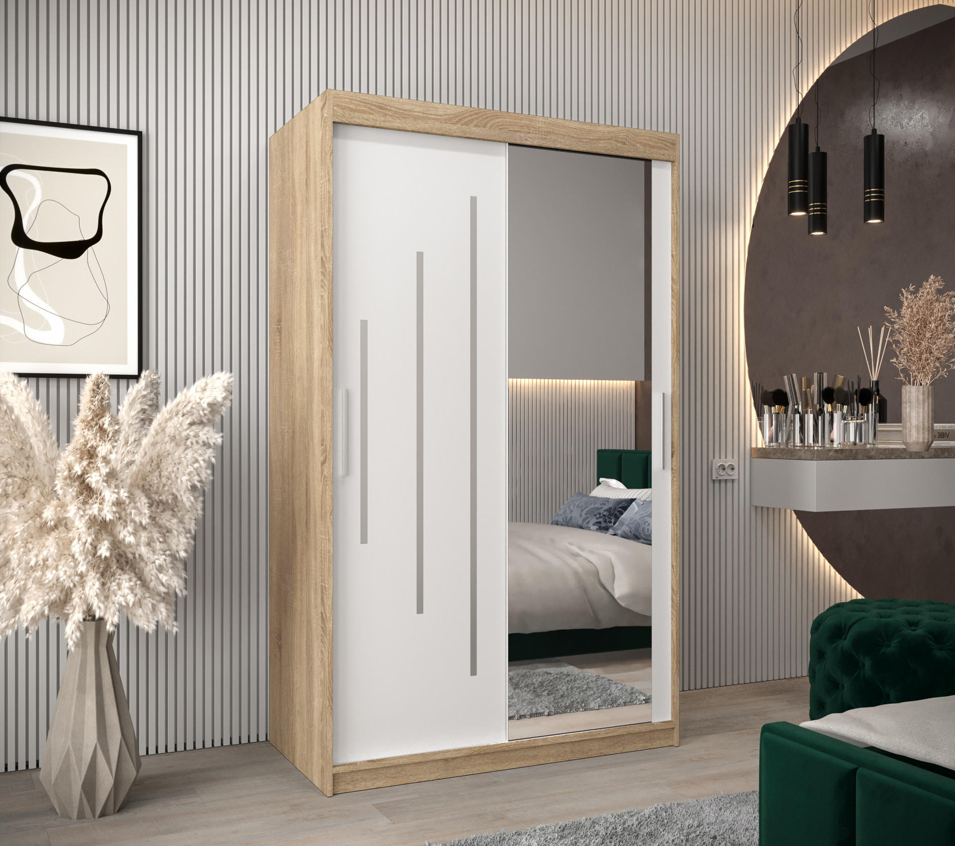 Abiks Möbel Schwebetürenschrank Sonoma Eiche, Weiß 120x200x62 cm