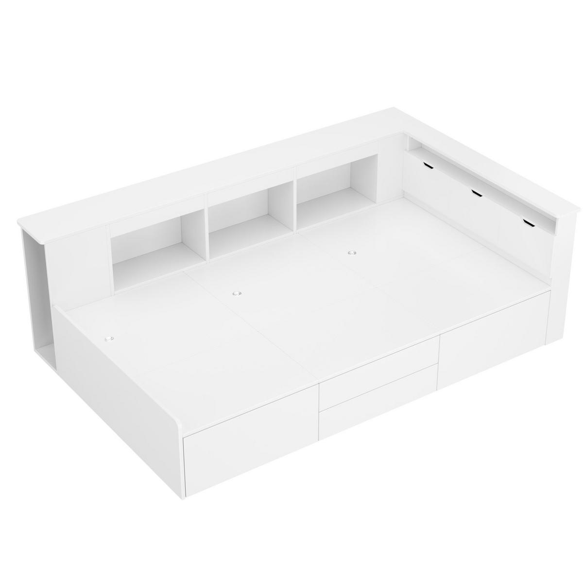 KINDERBETT 90/200 cm mit 4 Schubladen, Bücherregal und Stauraumschrank, Weiß - Weiß, Holzwerkstoff (90/200cm) - Redom