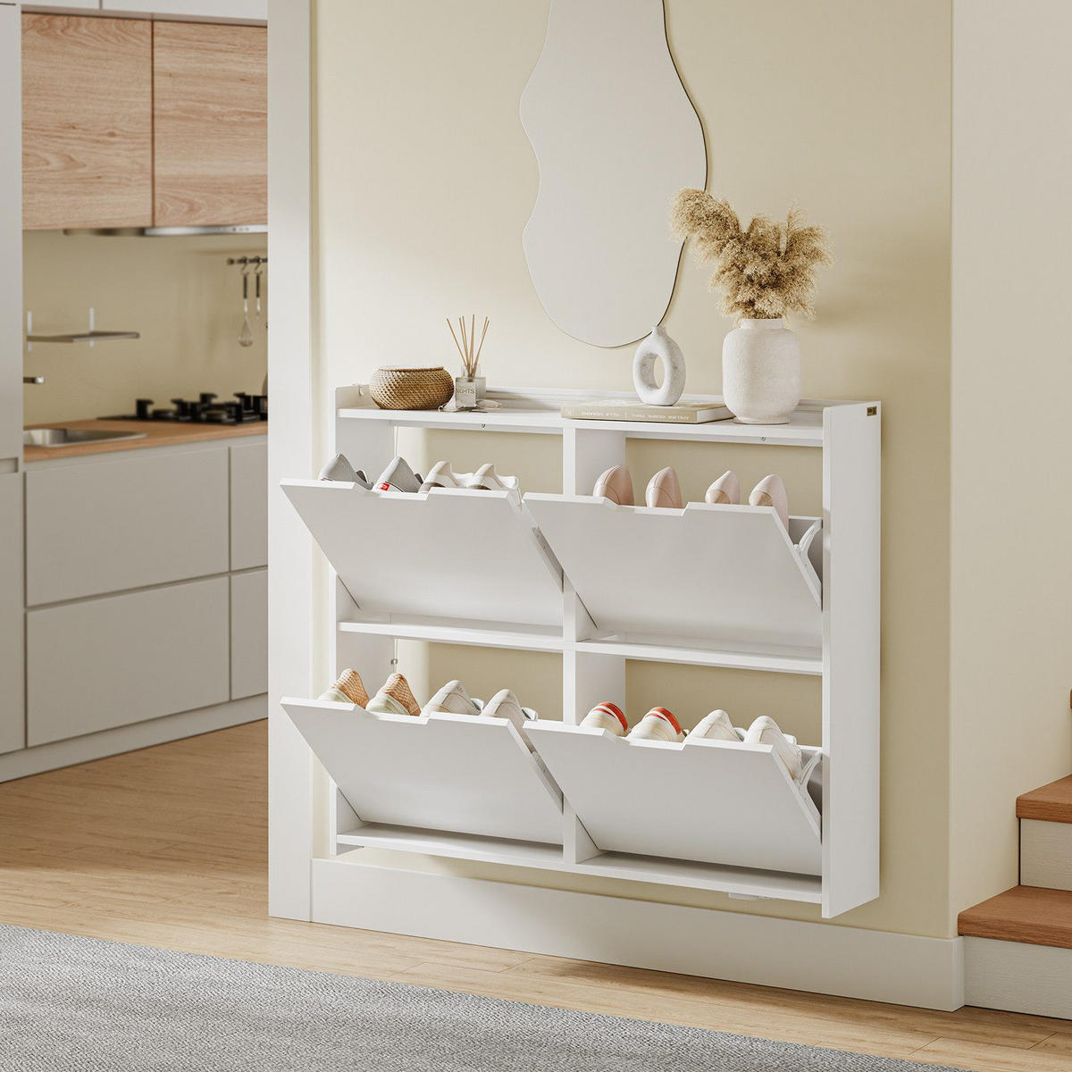 SCHUHSCHRANK mit 4 Klappen und Sensorlicht Weiß 100x19x93cm - Weiß, Holzwerkstoff (19/93/100cm) - SoBuy