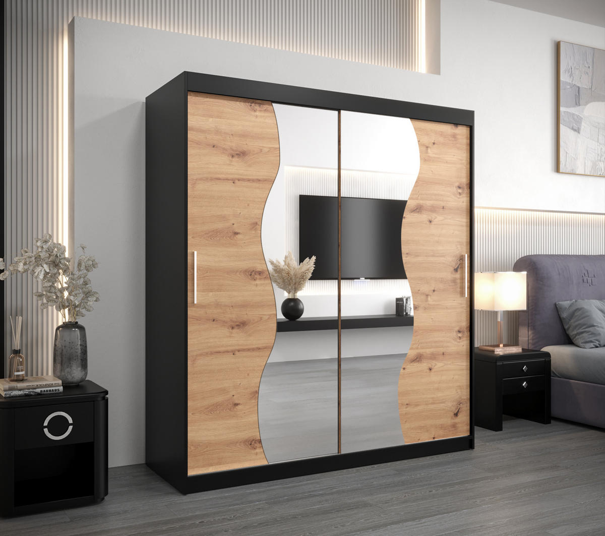 SCHWEBETÜRENSCHRANK 200/180/62 2-türig - Silberfarben/Schwarz, Holz/Kunststoff (180/200/62cm) - Abiks Möbel