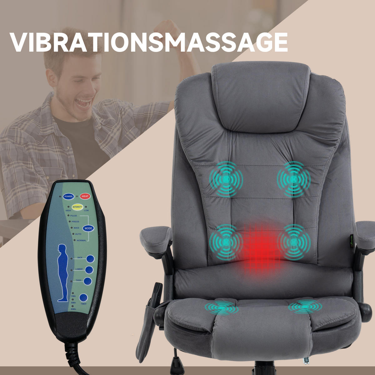 MASSAGE-BÜROSTUHL mit Wippfunktion, Schreibtischstuhl mit Heizfunktion, Grau - Dunkelgrau/Schwarz, Kunststoff/Textil (74/116/67cm) - Vinsetto
