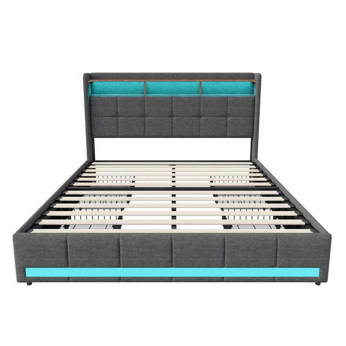 DOPPELBETT 140 x 190 cm mit 4 Schubladen, LED-Kopfteil, USB-/Typ-C-Anschlüssen, Leinen und Lattenrost, grau - Grau, Holzwerkstoff/Textil