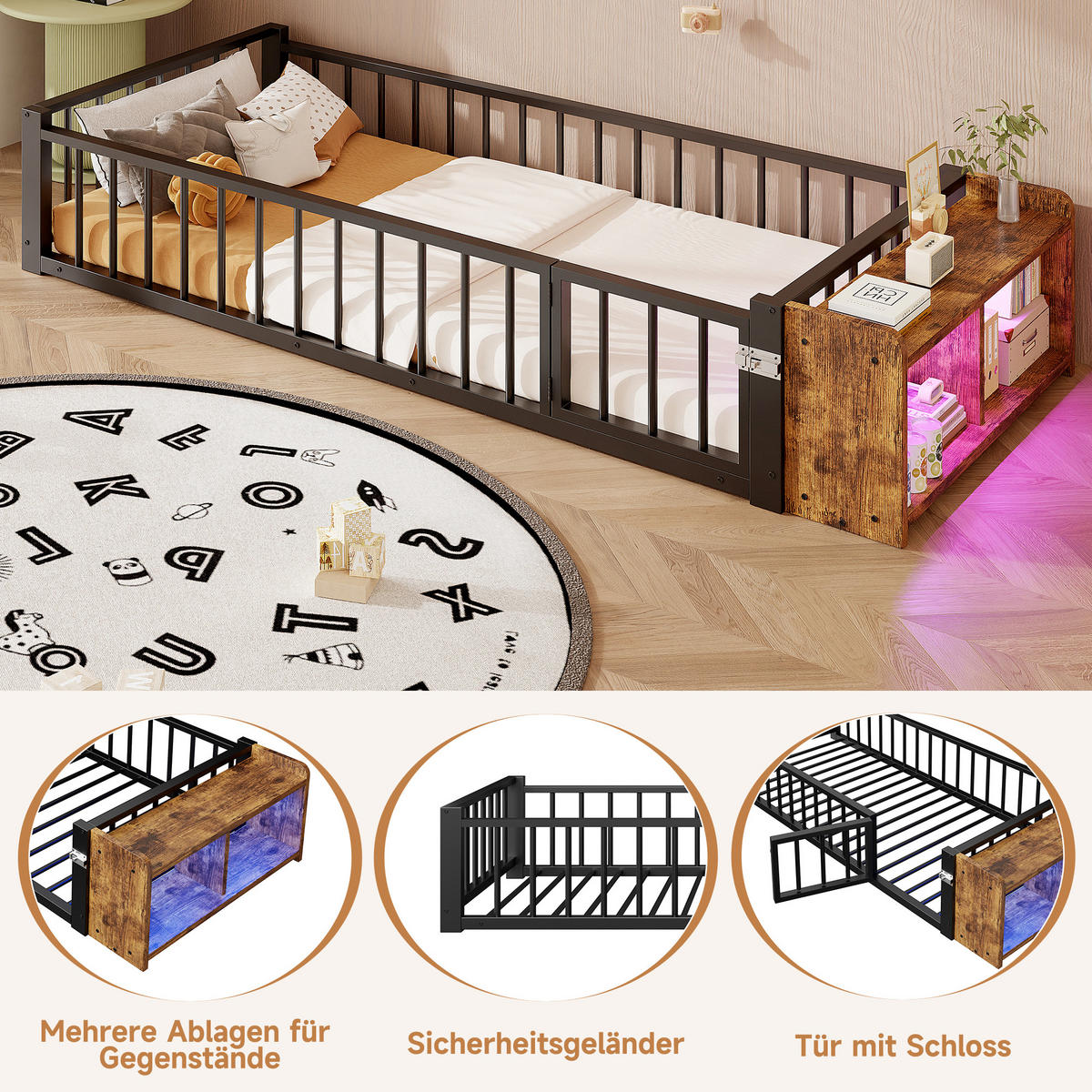 METALLBETT 90x200 cm LED Schubladen schwarz - Schwarz, Holzwerkstoff (90/200cm) - LEBENLANG