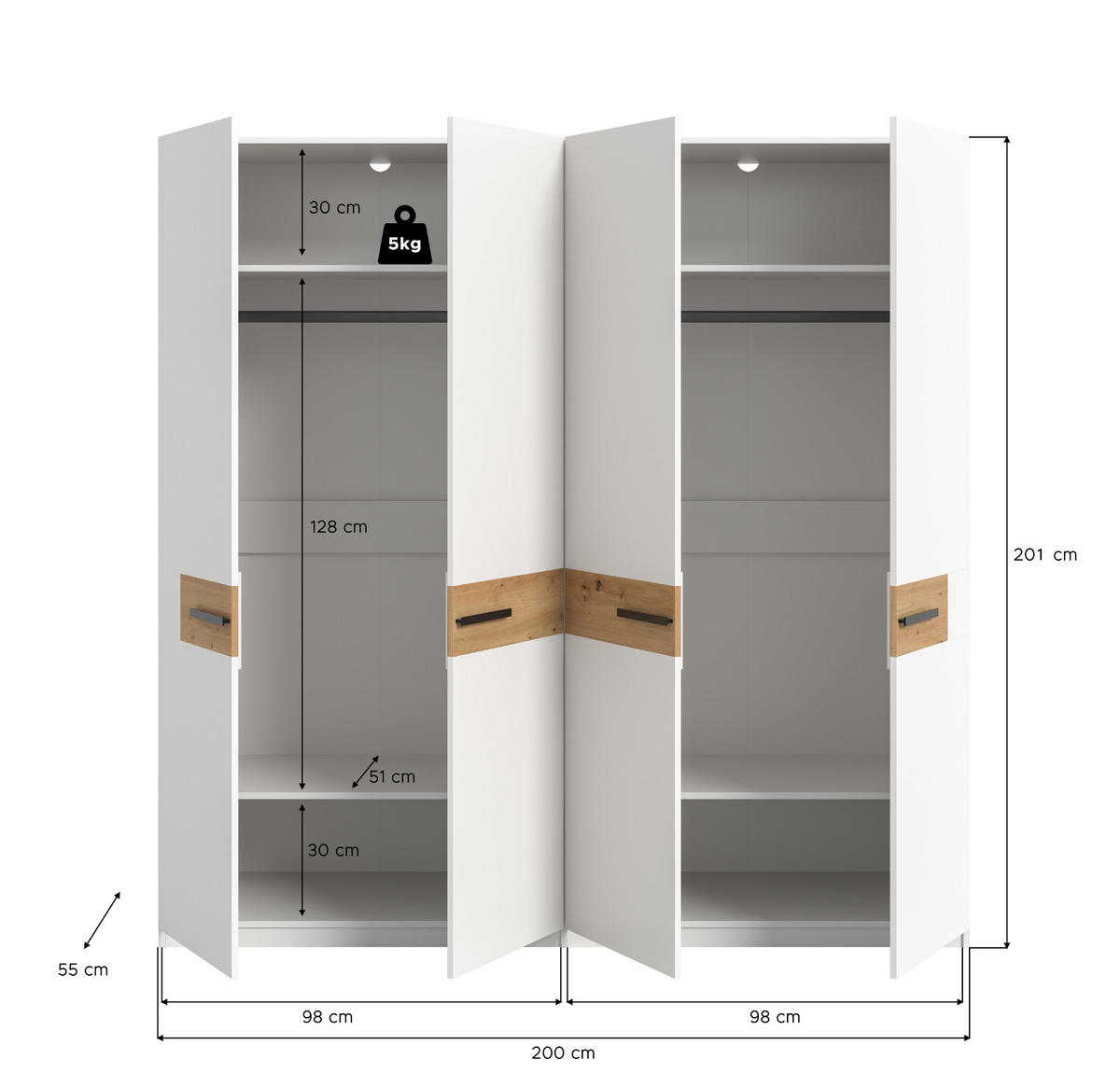KLEIDERSCHRANK weiß, Artisan Eiche 200 x 201 cm, Drehtürenschrank 4-türig - Schwarz/Weiß, Holzwerkstoff/Kunststoff (200/201/55cm) - Inn.Furn