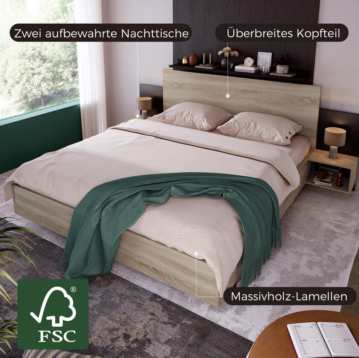 DOPPELBETT 160/200 cm mit 2 integrierten Nachtkommoden und Lattenrost, Massivholz in Sonoma-Eiche/Dunkelgrau - Dunkelgrau, Holz (160/200cm) - Redom