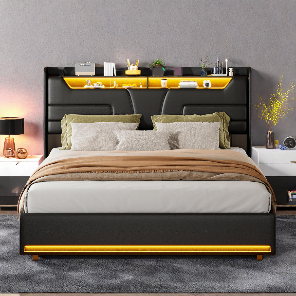 POLSTERBETT 160x200 cm Schwarz PU LED USB Typ-C Stauraum - Schwarz, Metall (160/200cm) - SHOPENTRA