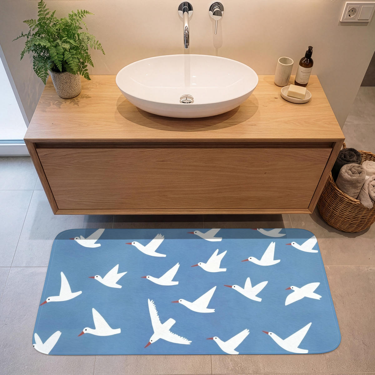 BADEMATTE Vögel - Weiß - Muster 120x60 cm - Blau, Kunststoff/Textil (120/60cm)