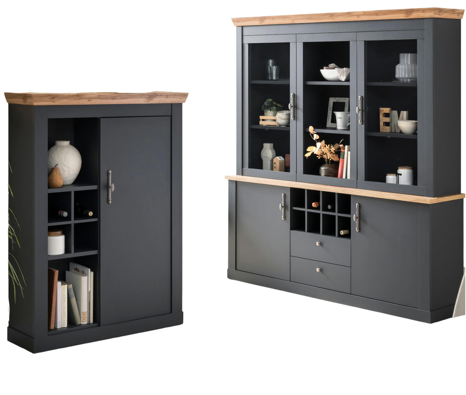 ESSZIMMER-SET 2-teilig grau, Eiche Wotan, Landhaus, Wohnkombination mit Soft-Close - Silberfarben/Eiche Wotan, Glas/Holzwerkstoff (184/205/44cm) - Furn.Design