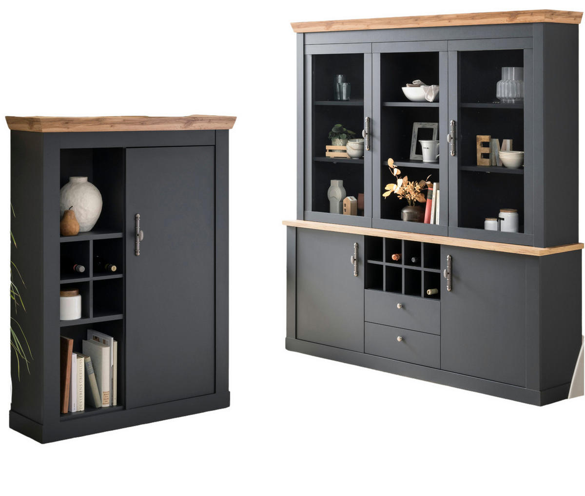 ESSZIMMER-SET 2-teilig grau, Eiche Wotan, Landhaus, Wohnkombination mit Soft-Close - Silberfarben/Eiche Wotan, Glas/Holzwerkstoff (184/205/44cm) - Furn.Design