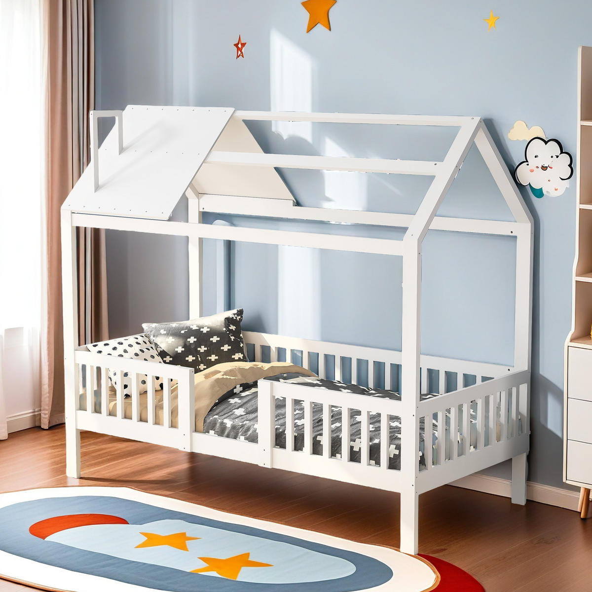 HAUSBETT 90x200cm mit Rausfallschutz und Schornstein, Weiß - Weiß, Holz (90/200cm)