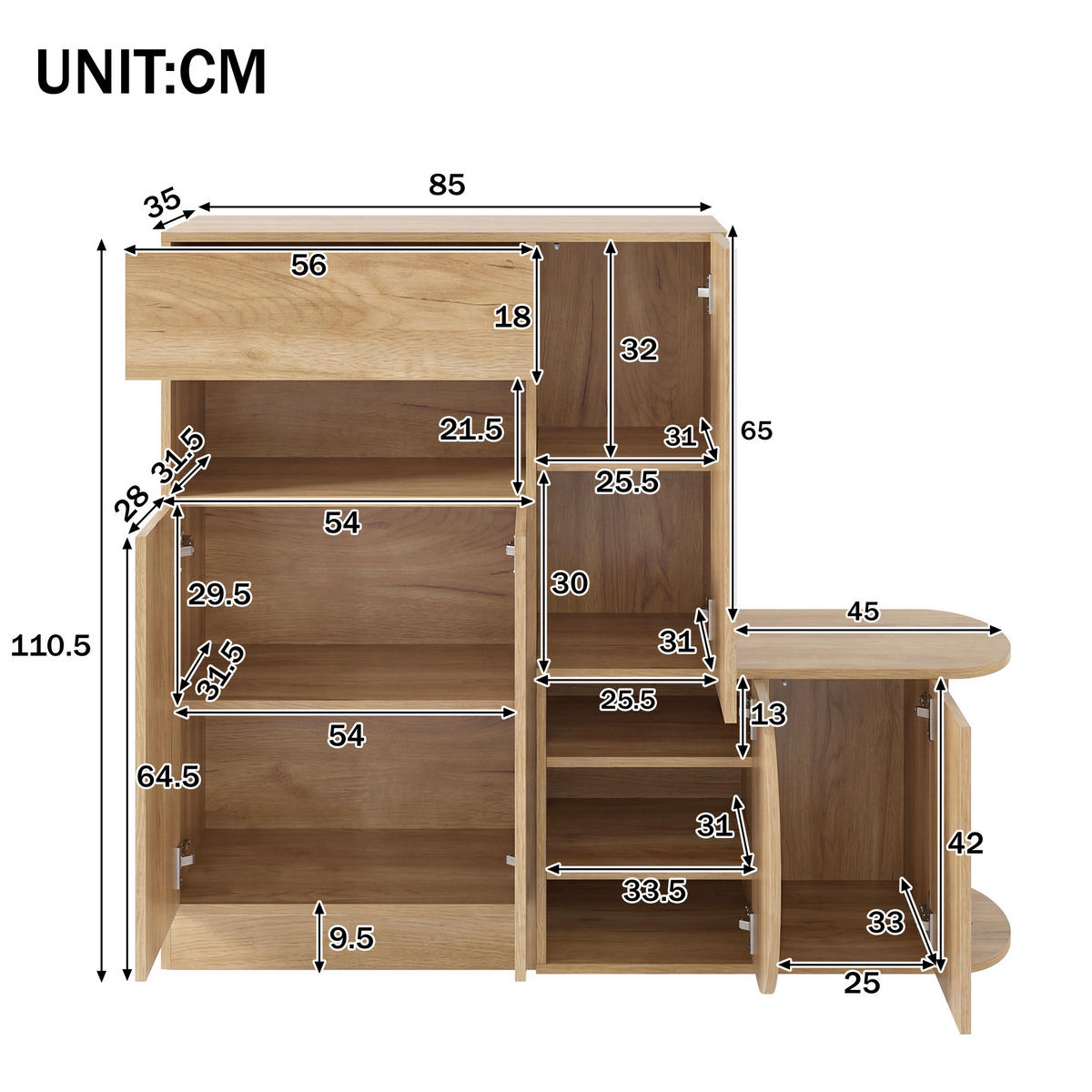SCHUHSCHRANK mit Sitzbank 5 Türen Stauraum Natur Modern - Naturfarben, Holzwerkstoff (130/110.5/35cm) - FLIEKS