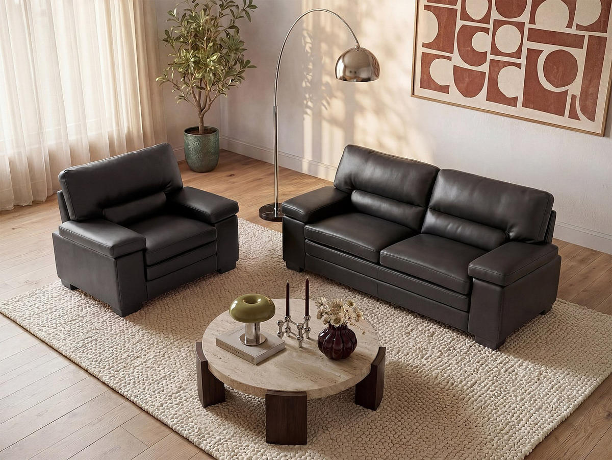 COUCHGARNITUR mit Sessel - 4 Personen - leder - schwarz Mimas - Schwarz, Leder (210/96/90cm) - Vente-Unique