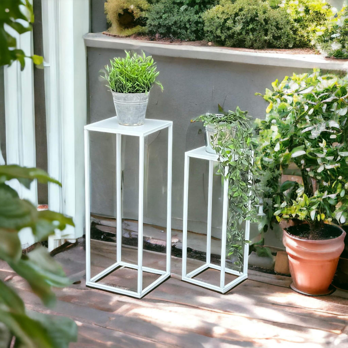 BLUMENHOCKER Metall Weiß Eckig 2er Set - Weiß, Metall (23/60/23cm) - DanDiBo