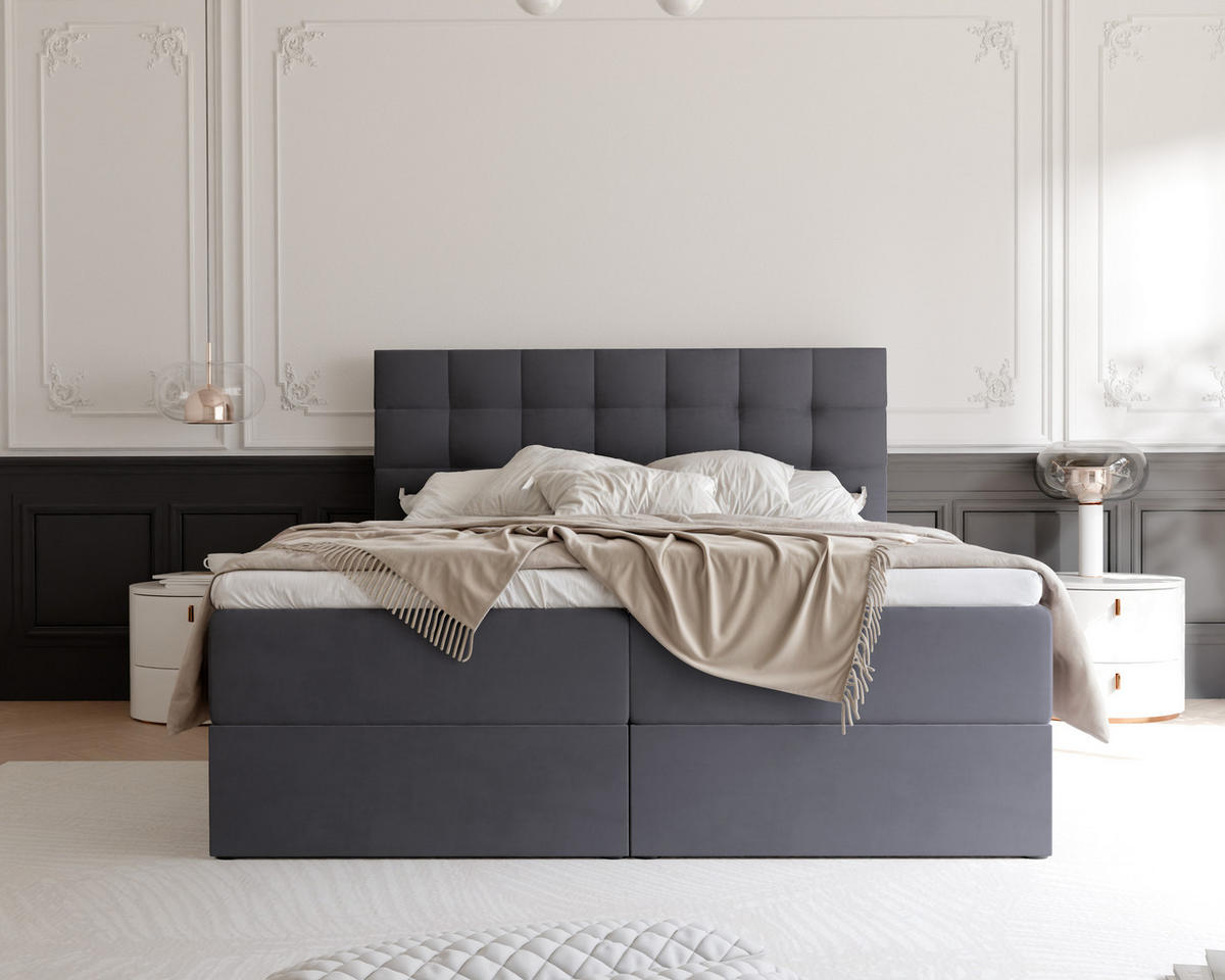 BOXBETT GRAND 140/200 cm, in Dunkelgrau, mit Matratze und Topper - Dunkelgrau, Holzwerkstoff/Textil (140/200cm) - Idohome