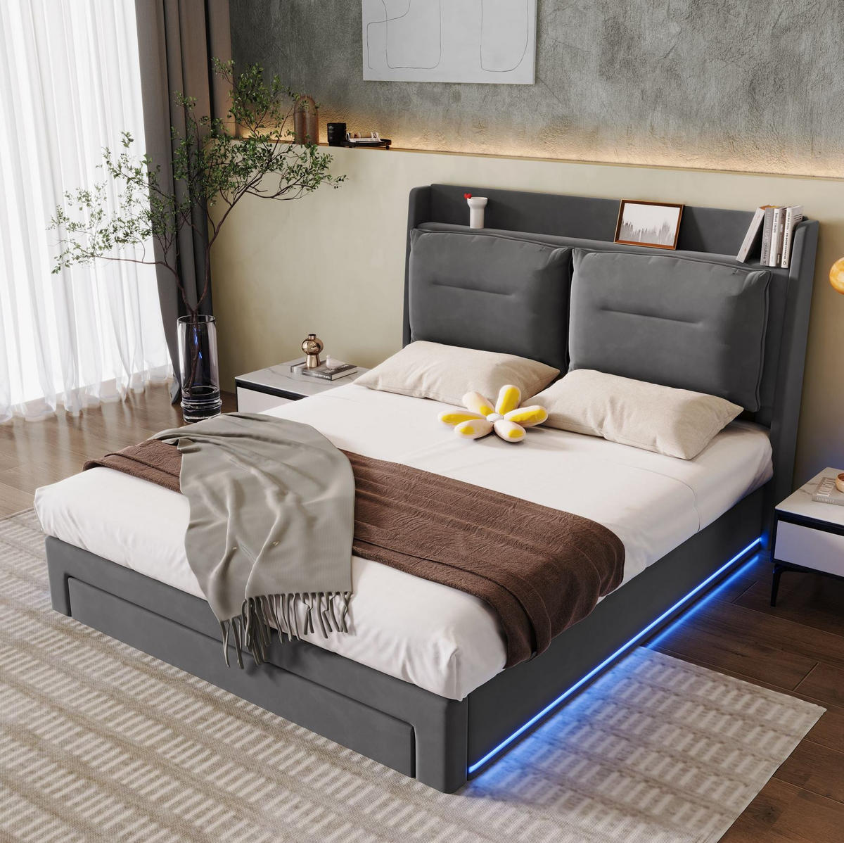 POLSTERBETT 140/190 cm Dunkelgrau mit hydraulischem Bettkasten und LED-Beleuchtung - Dunkelgrau, Textil (140/190cm) - OKWISH