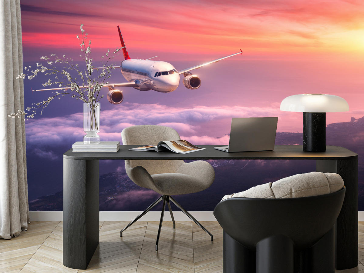 FOTOTAPETE für Wohnzimmer Flugzeug Sonnenuntergang Wolken Himmel 450x315 - Gelb/Rot, Papier (450/315cm) - Muralo