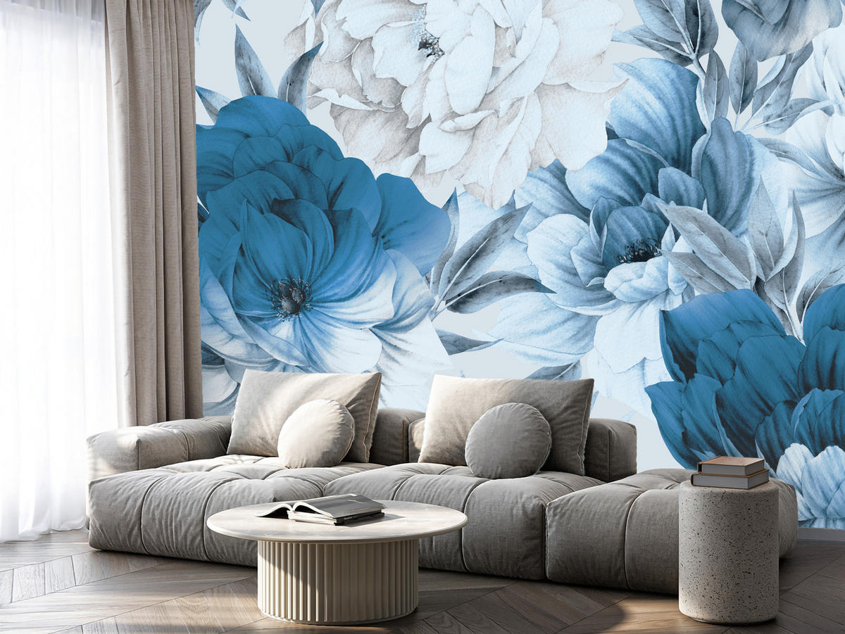 FOTOTAPETE für Wohnzimmer Blaue Pfingstrosen Zart Blumen Boho 500x350 - Blau/Weiß, Papier (500/350cm) - Muralo