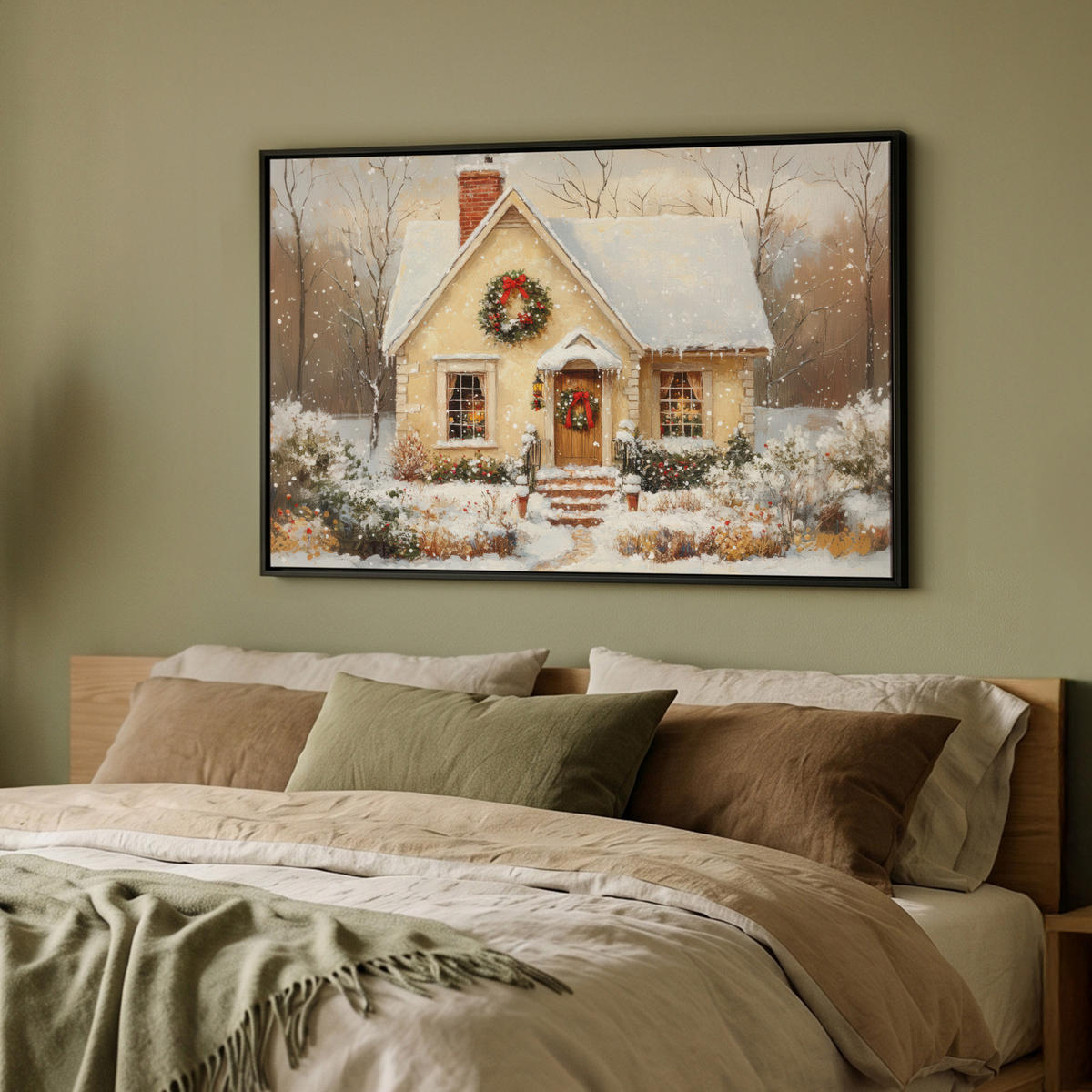 LEINWAND Bilder mit Rahmen - Weihnachten - Zuhause - Winter - Schnee - 90x60 - Creme, Textil (90/60cm) - MuchoWow
