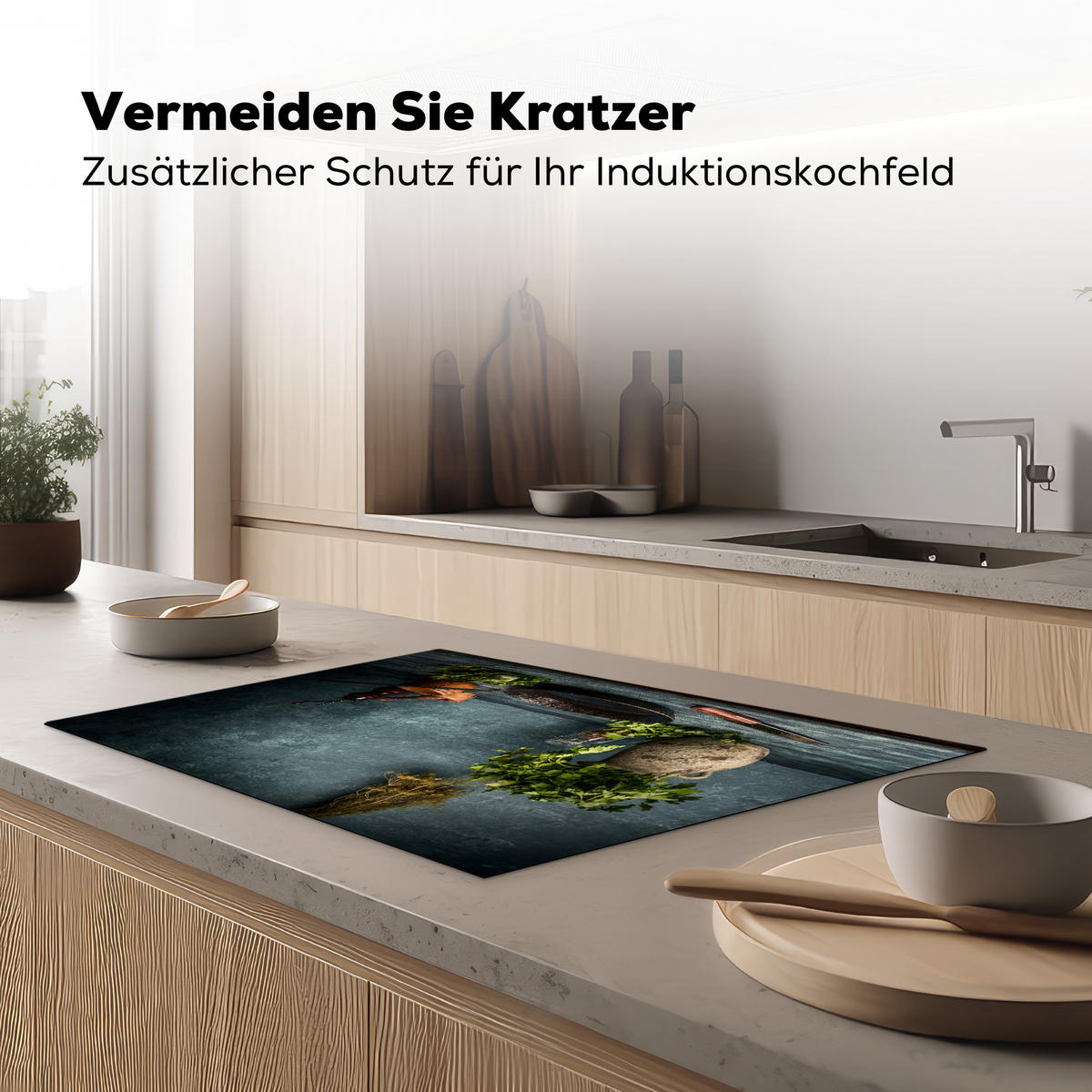 HERDABDECKPLATTE Kräuter - Gewürze - Pfanne - Messer - Grau - Rustikal Induktionsmatte 77x51 cm - Petrol, Kunststoff (77/51/0.2cm) - MuchoWow