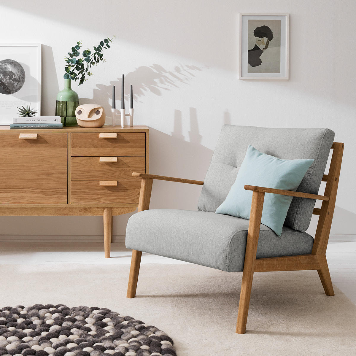 SESSEL - Hellgrau/Braun, Eichenholz/Holz (83/80/75cm) - home24