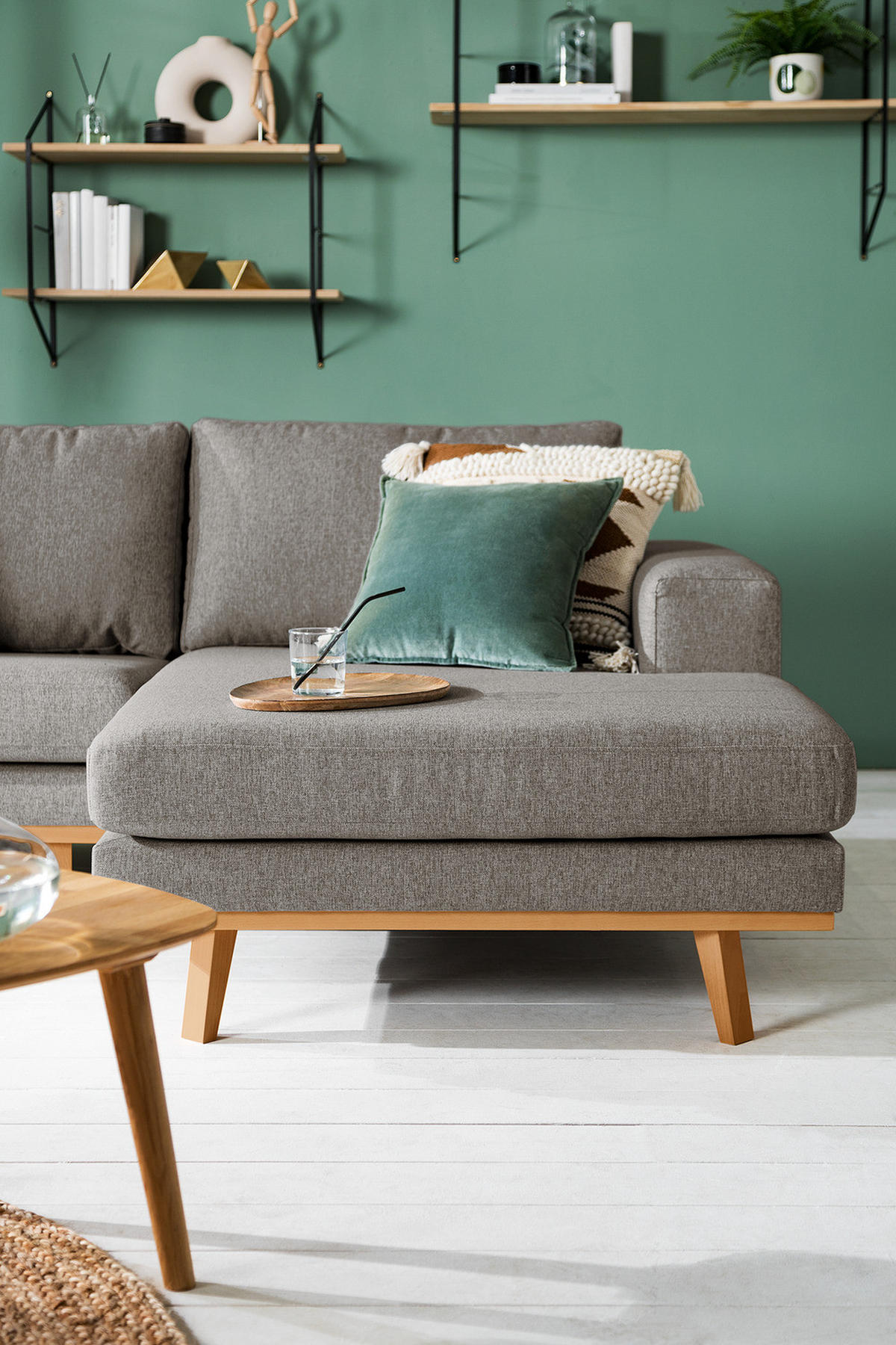 WOHNLANDSCHAFT mit Longchair - Graubraun/Buchefarben, Buchenholz/Textil (371/81/219cm) - home24