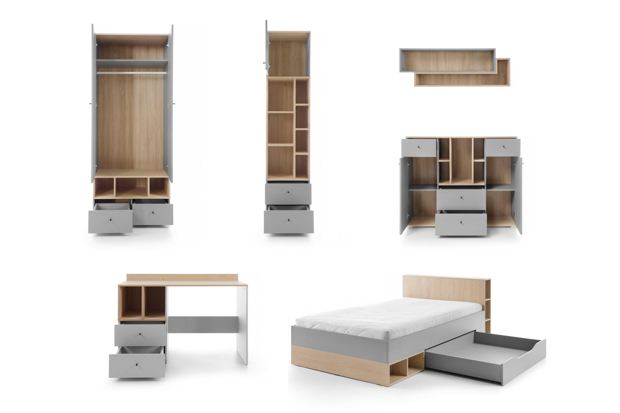 JUGENDZIMMER-SET OLAF 6-teilig in Platin Grau / Biskuit Eiche - Eichefarben/Grau, Holzwerkstoff (489/195/224cm) - Deine Möbel 24