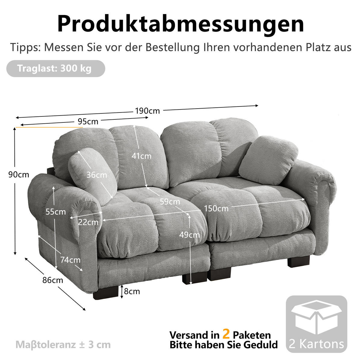 2-SITZER-SOFA DE-34384 Steppdesign Hellgrau - Hellgrau, Textil (86/90/190cm) - ComfortXL