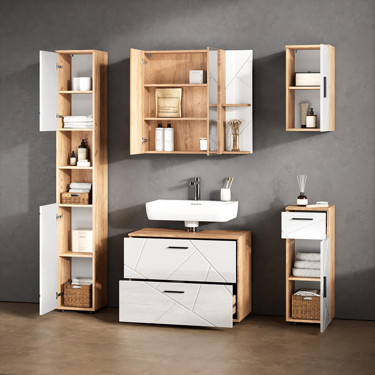 SPIEGELSCHRANK Ronco Weiß Hochglanz 80 x 75 cm - Weiß Hochglanz/Eiche Wotan, Holzwerkstoff (80/75/17.2cm) - Livinity®