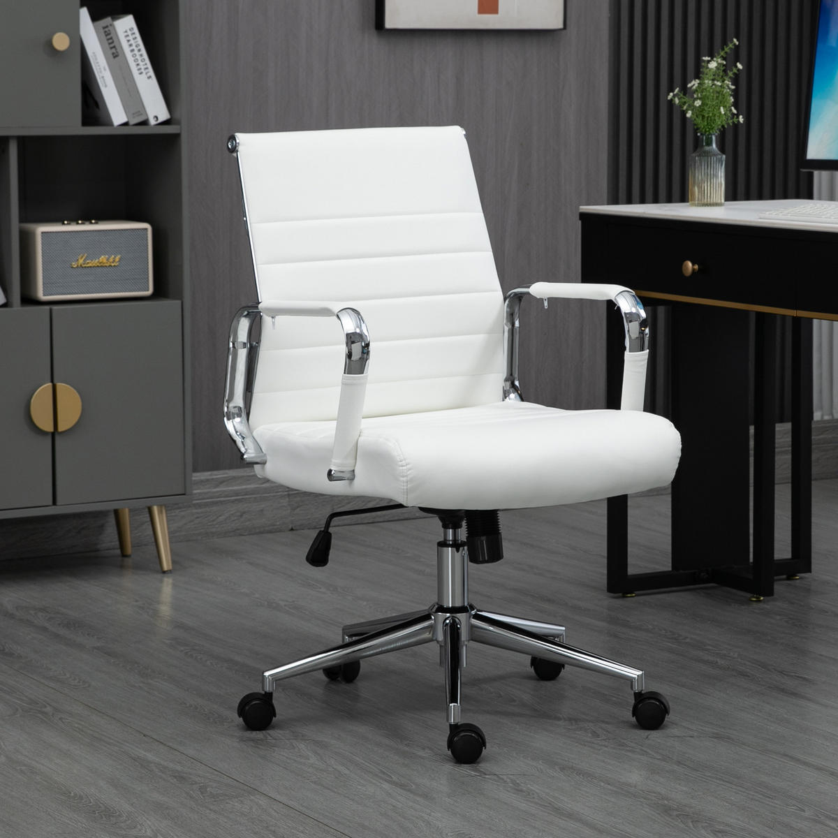 SCHREIBTISCHSTUHL OFFICE COMFORT LB Kunstleder Weiß - Silberfarben/Weiß, Textil/Metall (56/103/64cm) - SVITA