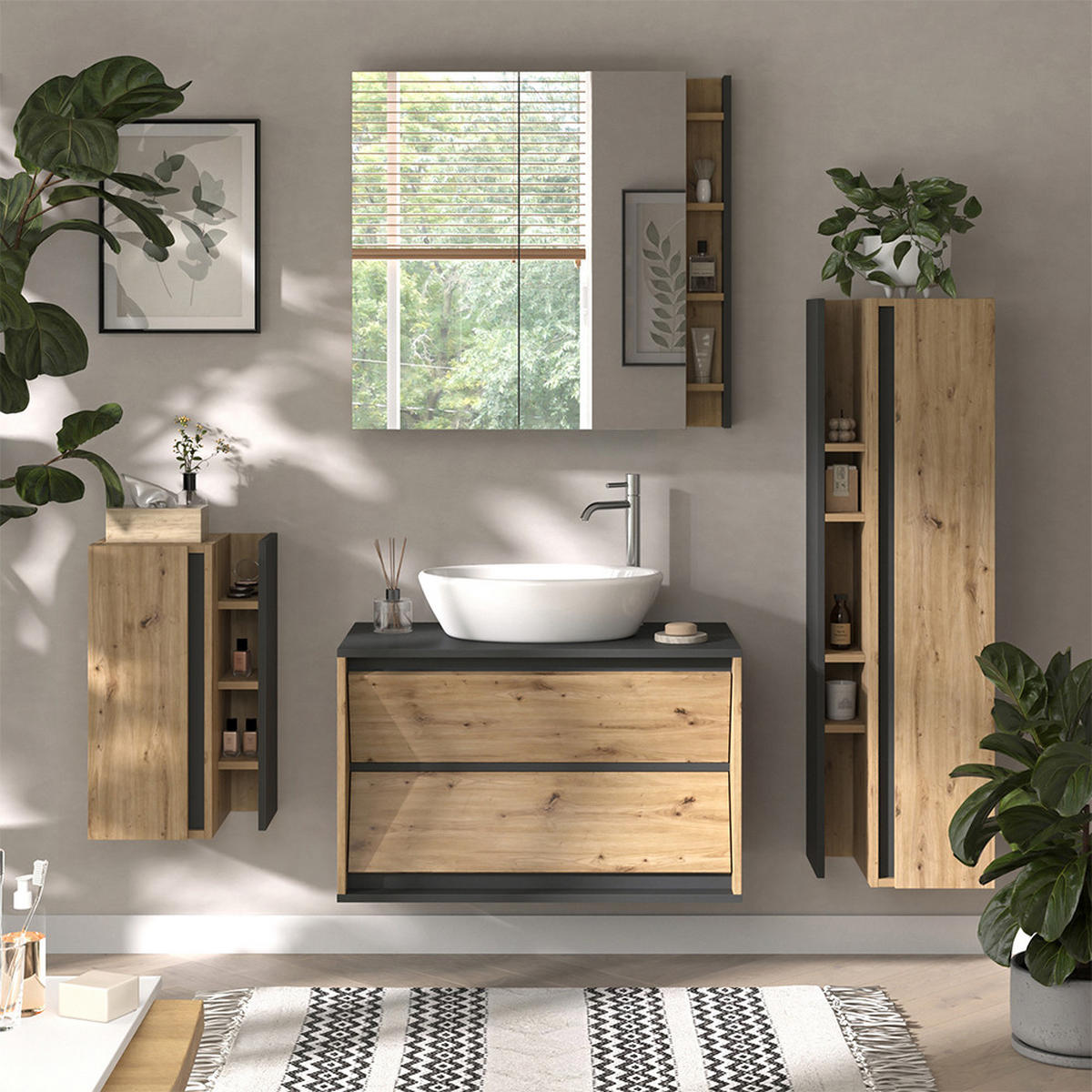 BADSCHRANK Edelin Anthrazit/Artisan 35 x 120 cm mit 4 Ablagefächern - Anthrazit/Eiche Artisan, Holzwerkstoff (35/120/32cm) - Vicco