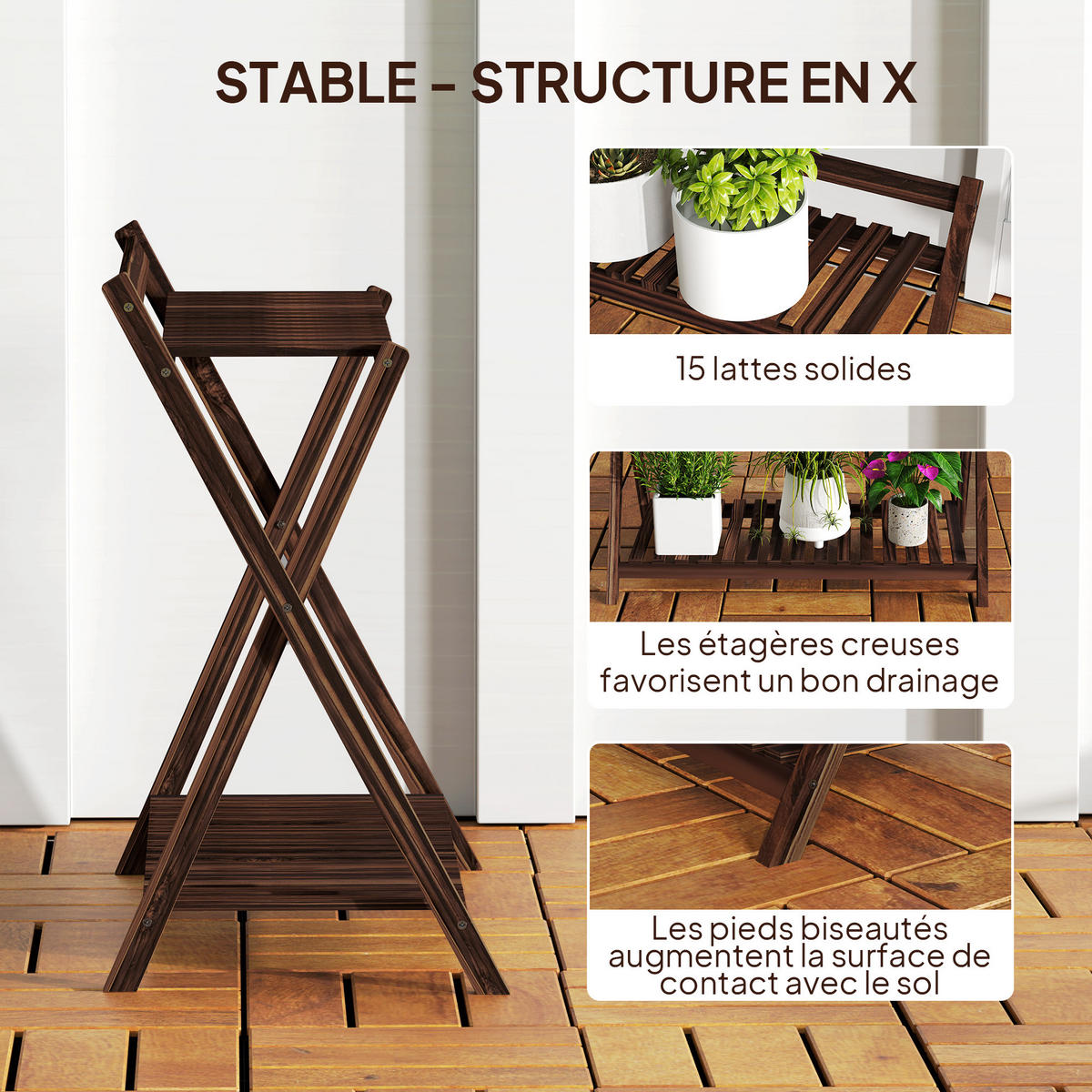 BLUMENTREPPE-SET DE-12199 2er-Set, 2-stufig mit Rückhaltebügel Braun - Braun, Holz (36/64/73cm) - ComfortXL