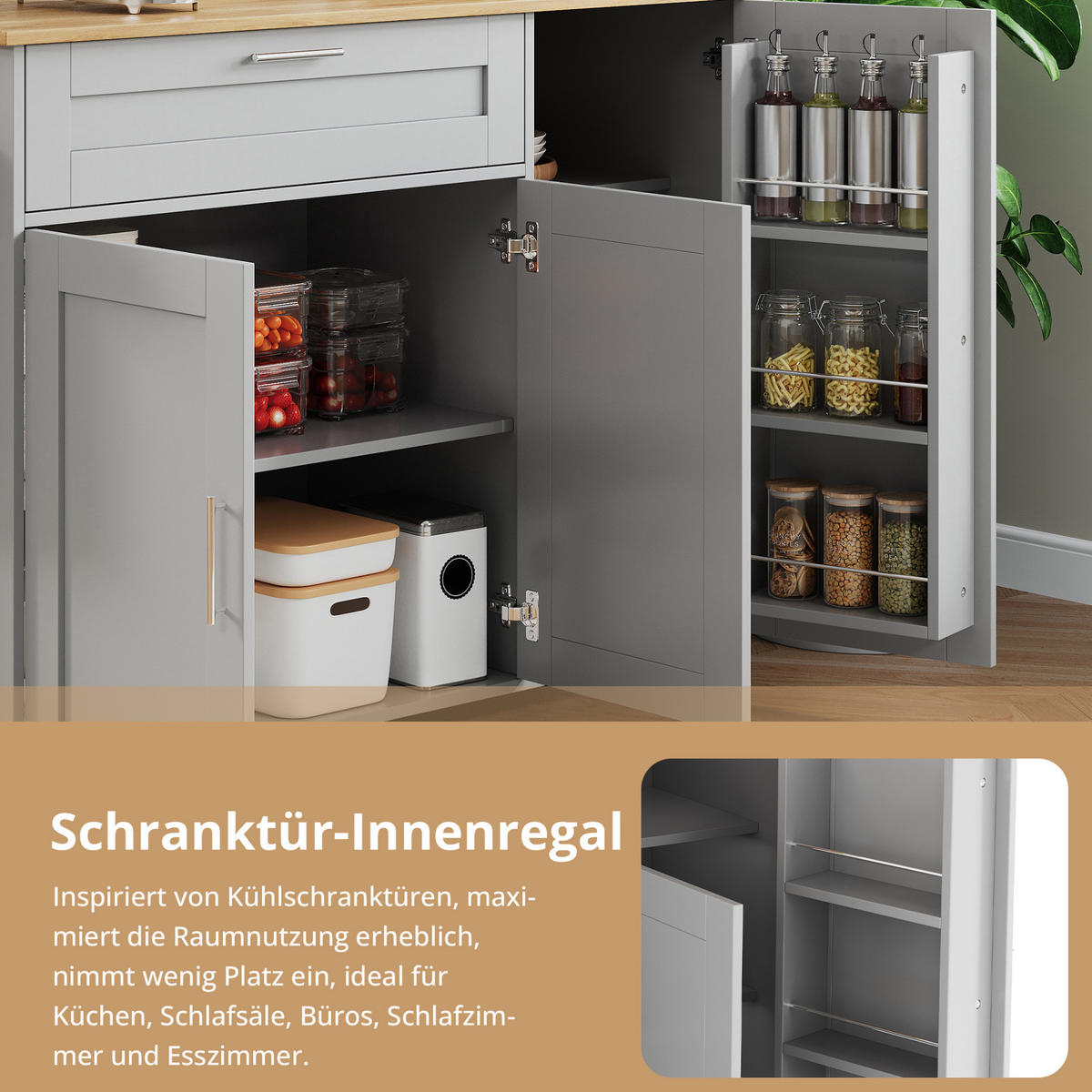 KÜCHENINSEL 132,5/90/44(70) cm Grau aus MDF mit klappbarer Arbeitsplatte - Grau, Holzwerkstoff (44/90/132.5cm) - OKMYHOME