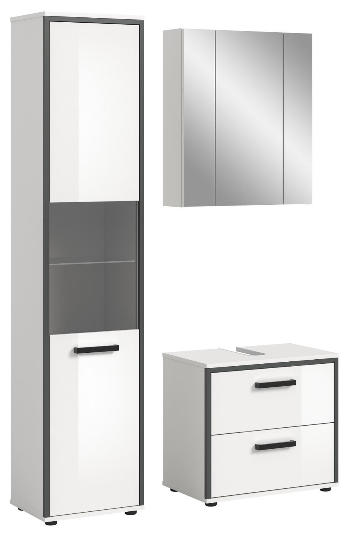 BADMÖBEL-SET 3-teilig weiß Hochglanz, grau 115 x 188 cm, Badkombination, modernes Design - Weiß Hochglanz/Schwarz, Glas/Holzwerkstoff (115/188/37.5cm) - Inn.Furn
