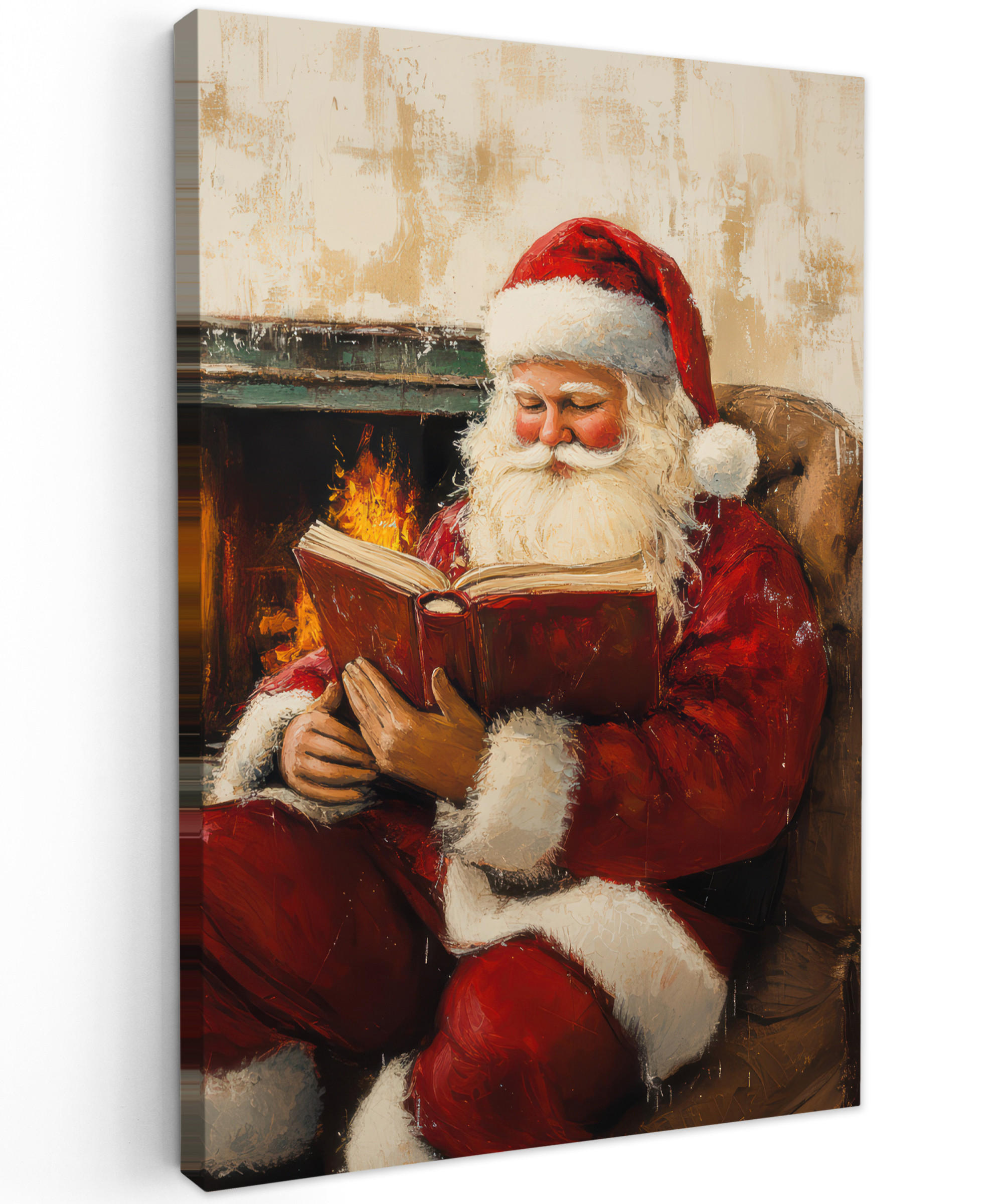 LEINWANDBILD Weihnachten - Weihnachtsmann - Winter - Open Fireside 90x140 cm - Dunkelrot, Textil (90/140cm) - MuchoWow