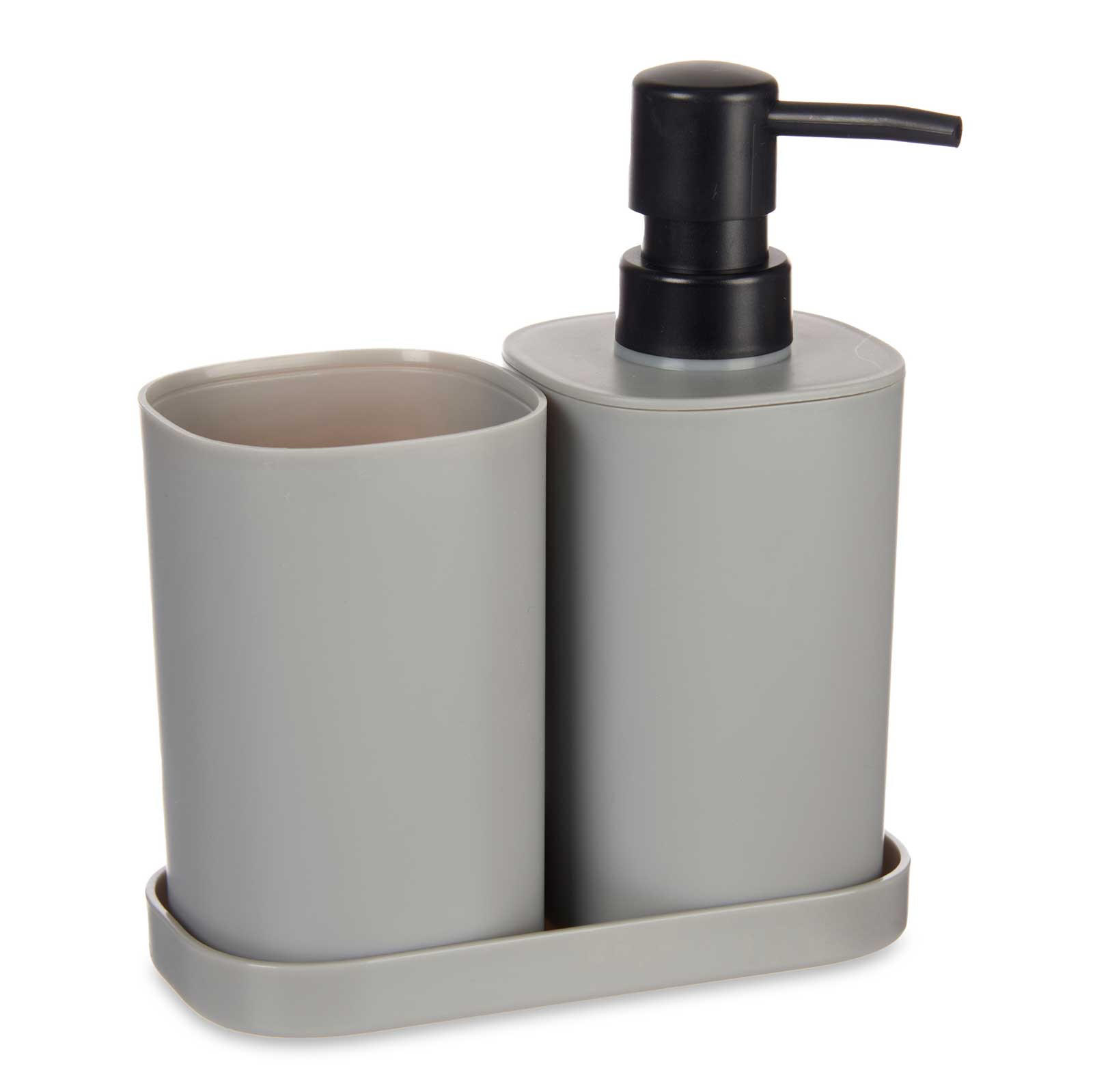 BAD-ACCESSOIRES Seifenspender, Becher, Untersetzer Kunststoff 3-teilig - Grau, Kunststoff (15/16/7cm) - Berilo