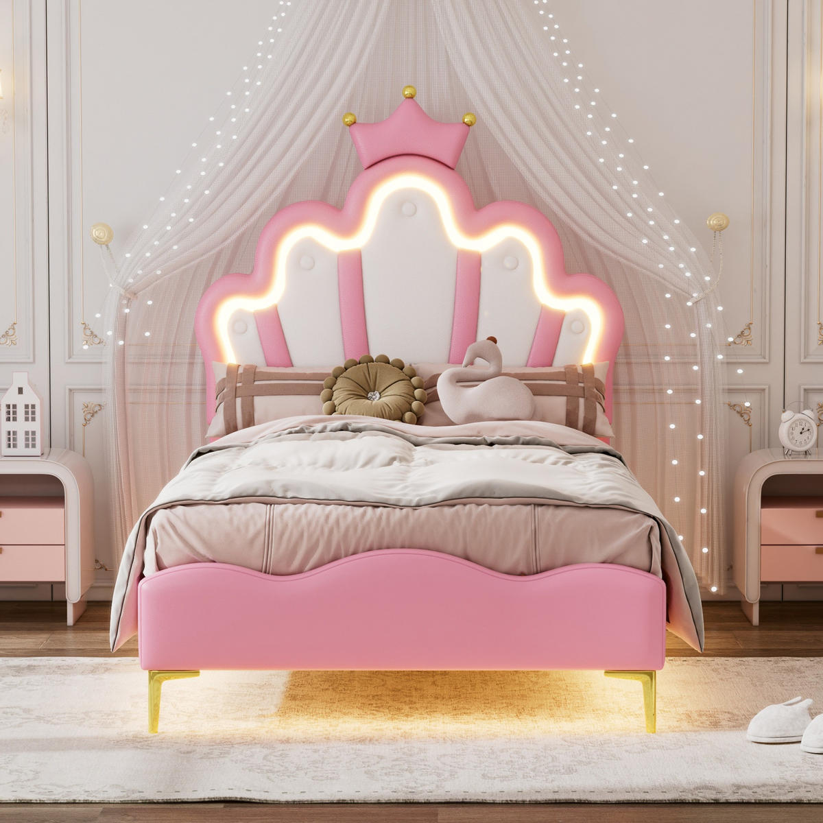 KINDER-POLSTERBETT 90x200 cm Princess Dream mit Kronen-Kopfteil und intelligenter RGB-LED, Kunstleder Pink & Weiß - Pink, Textil (90/200cm) - DELFA