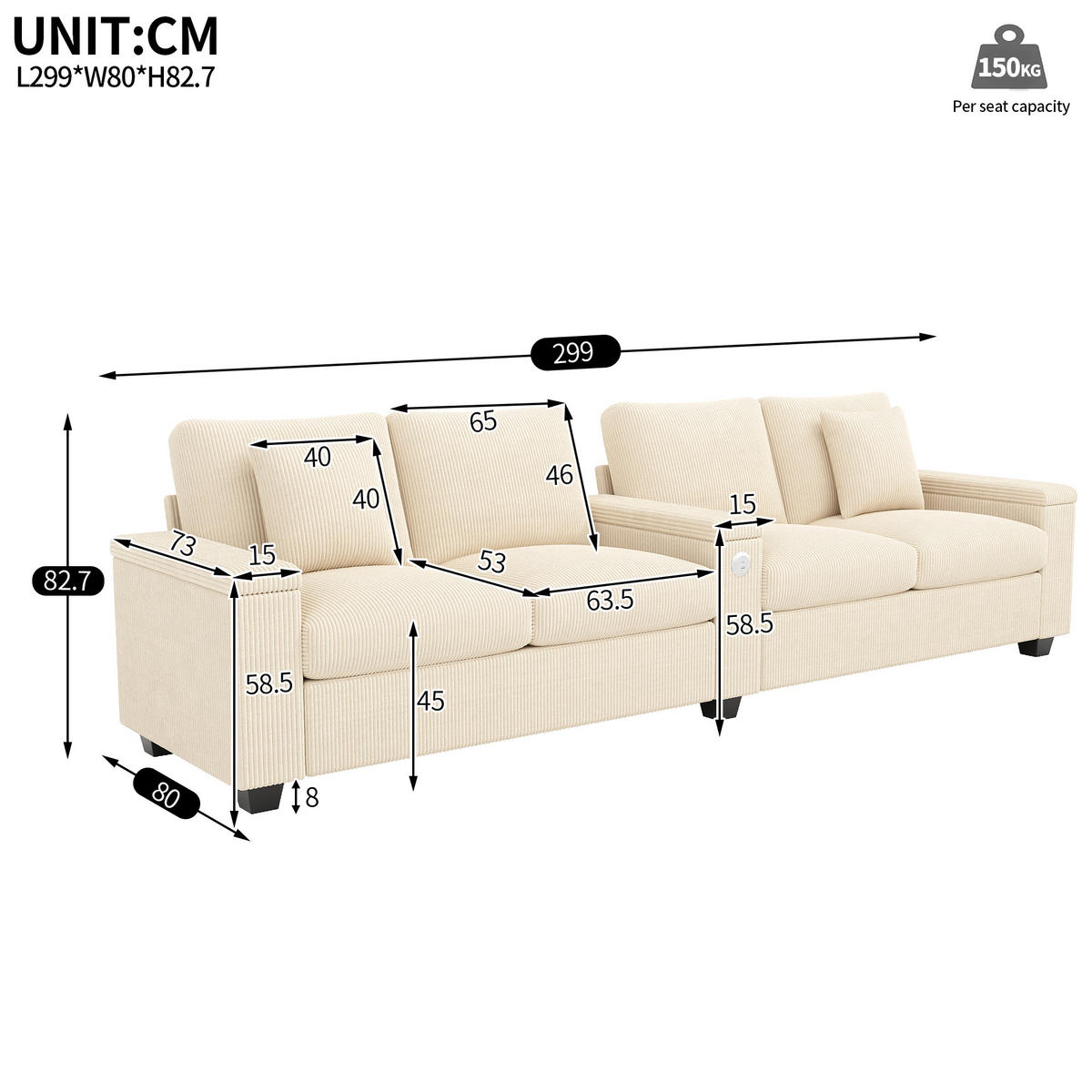 4-SITZER SOFA Cord Beige mit USB, USB-C und Stauraum - Beige, Holzwerkstoff/Kunststoff (299/82.7/80cm) - WISHDOR