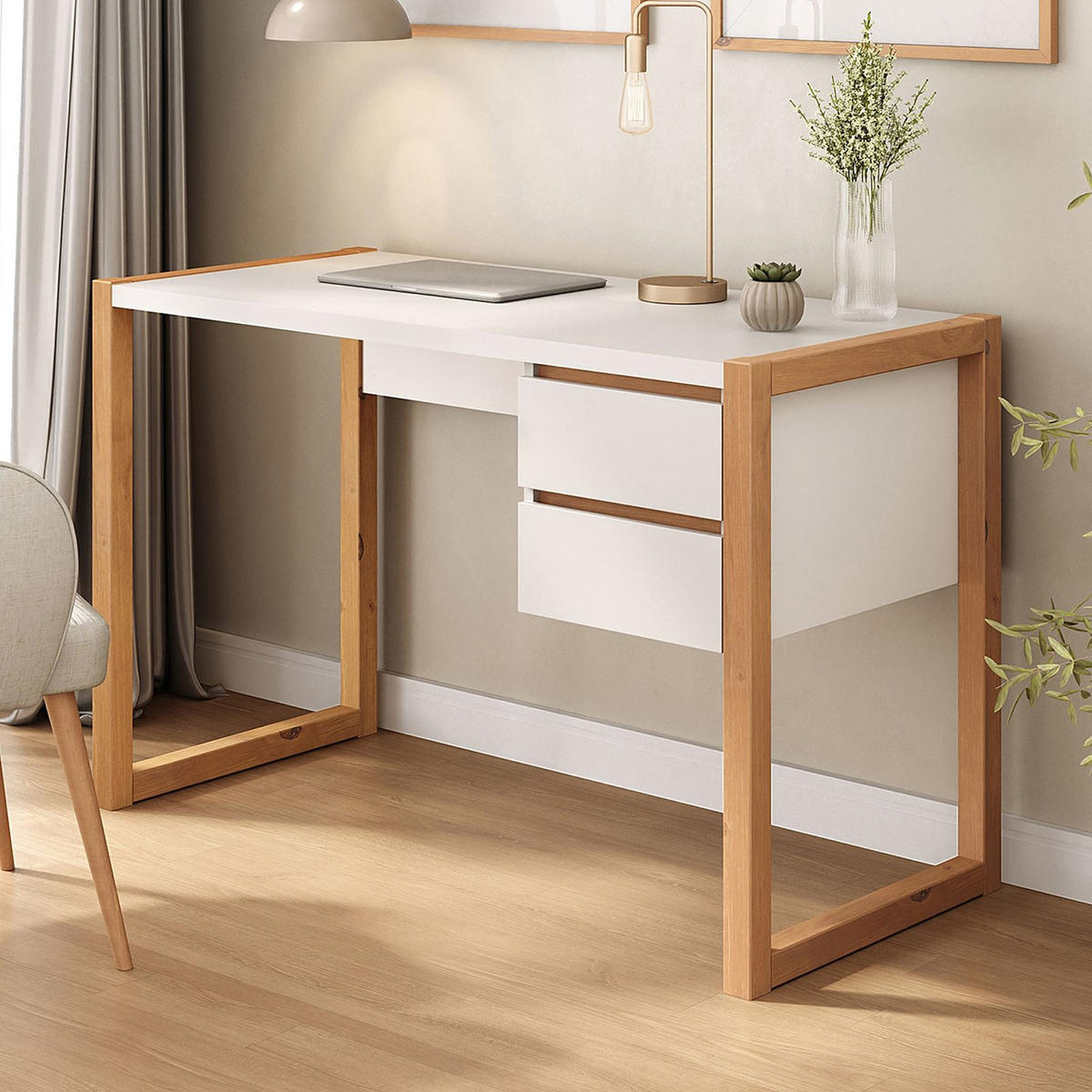 SCHREIBTISCH BELINDA weiß/Eiche - Eichefarben/Weiß, Holz (54/118/75cm) - IDIMEX