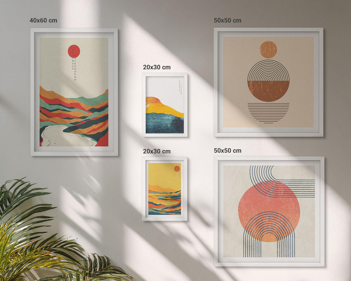 WANDBILDER 5er-Set - 50x50 cm & 20x30 cm & 40x60 cm Weißer Rahmen - Abstrakte Berglandschaften - Weiß, Kunststoff (40/60cm) - ArtPrintCave